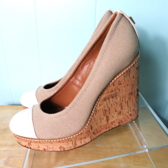 Tory Burch Shoes Wedge Heel Pumps Tan & Beige Leather & Cork Size 7 1/2 M - Picture 9 of 13